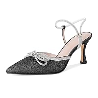 Eldof Women's Heels with Bow Sparkly Rhinestone Closed Pointed Toe Ankle Strap Stiletto Heel Pumps 3 Inches