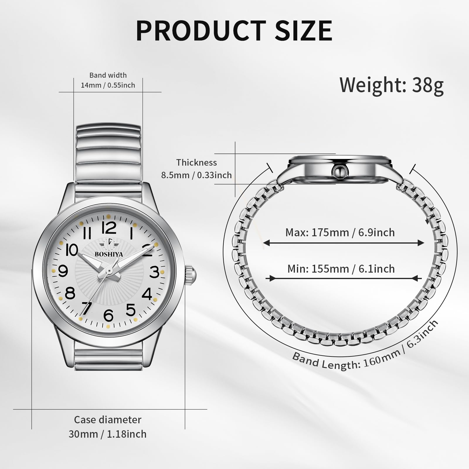 BOSHIYA Watches for Women Stretch Band 30mm Watch Ladies Analog Quartz Stainless Steel Expansion Band Watchs Waterproof Wristwatch for Small Wrist Silver Gold