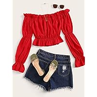 Women's Tops Women's Shirts Solid Ruffle Trim Off The Shoulder Blouse Women's Tops Shirts for Women (Color : Red, Size : Small)