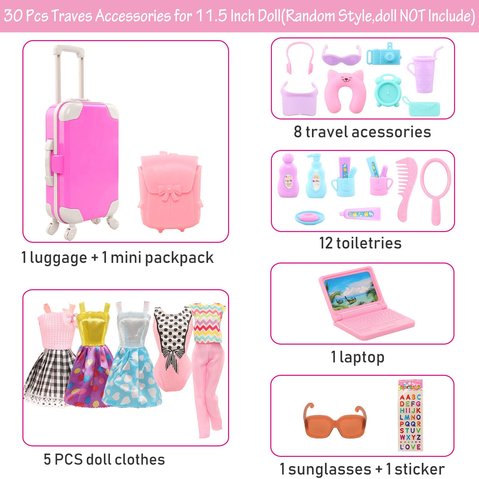 30 Pcs Doll Travel Playset 1 Luggage 1 Backpack 5 Doll Clothes 8 Travel Accessories 12 Toiletries1 Sunglasses for 11.5 Inch Girl Doll(Doll NOT Include)