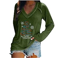 Merry Christmas Shirts for Women Long Sleeve Loose Fit Rhinestone Tee Shirts Cute V-Neck Pullover Fashion Blouse Tops