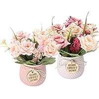 Artificial Flowers with Vase, 2pcs Pink Silk Roses in Pot, Fake Roses Bouquet Decoration with Ceramics Vase Faux Floral Arrangement for Table Centerpieces Spring Decor Home Office Bathroom