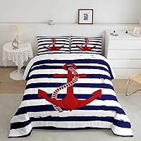 Castle Fairy Kids Nautical Anchor Comforter Set Full Size,Navy Blue Stripes Bedding Sets 3pcs Ocean Adventure Theme Quilted Duvet for Teens Men Bedroom Decoration,Modern Geometry with 2 Pillowcases