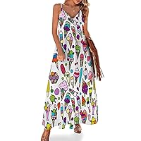 Summer is Ice Cream Women's Sling Dress Casual Loose Swing Dress Long Maxi Dresses for Beach Party M
