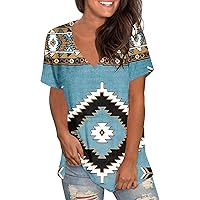 Women's V Neck Tshirts Western Aztec Printed Vintage Tops 2024 Summer Fashion Short Sleeve Blouses Loose Fit Tunic Tees