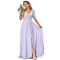 Women’s Elegant Chiffon V-Neck Gown with Flutter Sleeves and Slit - Formal Evening Bridesmaid Dress