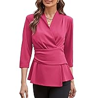 GRACE KARIN Women's 2024 Peplum Tops Dressy Wrap V Neck 3/4 Sleeve Work Blouse Solid Tie Waist Business Casual Shirts