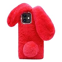 Omorro Compatible with iPhone 11 Case Plush Rabbit Case for Women Girls Soft Warm Fluffy Furry Bunny Ear Fur Phone Case Protective Bling Crystal Rhinestone Bow Knot Diamond Case Dark Pink
