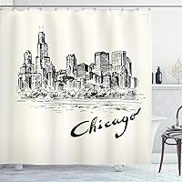 Chicago Skyline Shower Curtain, Vintage Art of American City in Hand Drawn Style Sketchy Effects, Cloth Fabric Bathroom Decor Set with Hooks, 69