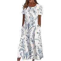 Summer Dresses for Women 2024 Trendy Crewneck/V Neck Maxi Dress Short Sleeve Dressy Casual Sundress with Pocket Today Deals(7-Blue,Large)