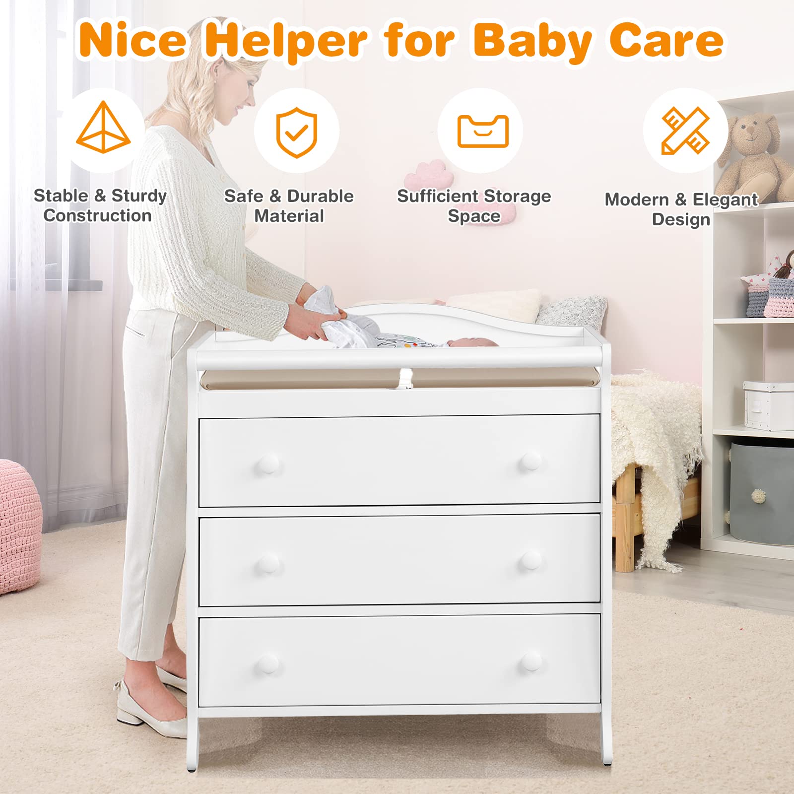 Costzon 3-Drawer Changing Table, Infant Diaper Changing Station with Drawers, Safety Rails & Strap, Baby Changing Table Dresser for Nursery, Easy Assembly (White)