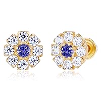 Solid 14K Gold 6mm Flower Natural Birthstone Screwback Earrings For Women | 2mm Birthstone | 1.5mm Round Pave Created White Sapphire Gemstone Flower Screwback Earrings For Women and Girls