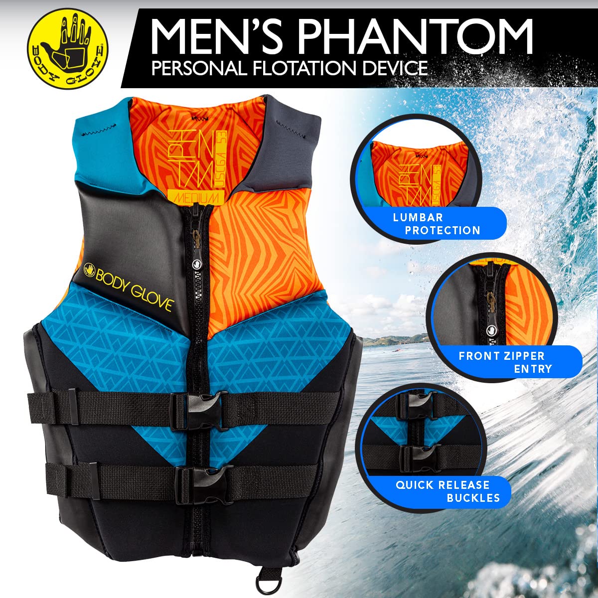 Body Glove- Phantom Men's Evoprene PFD-Adult Life Jacket - Coast Guard Approved, High Mobility PFD, Lightweight Buoyancy Foam, Universal and Oversize