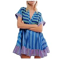 XJYIOEWT T Shirt Dresses for Women 2024,Women Boho Dresses Flowy Dress Ruffle Mini Dress Deep V Neck Casual Floral Cock