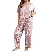 WDIRARA Women's Plus Size 2 Piece Sleepwear Floral Short Sleeve Top and Pants Pajama Set