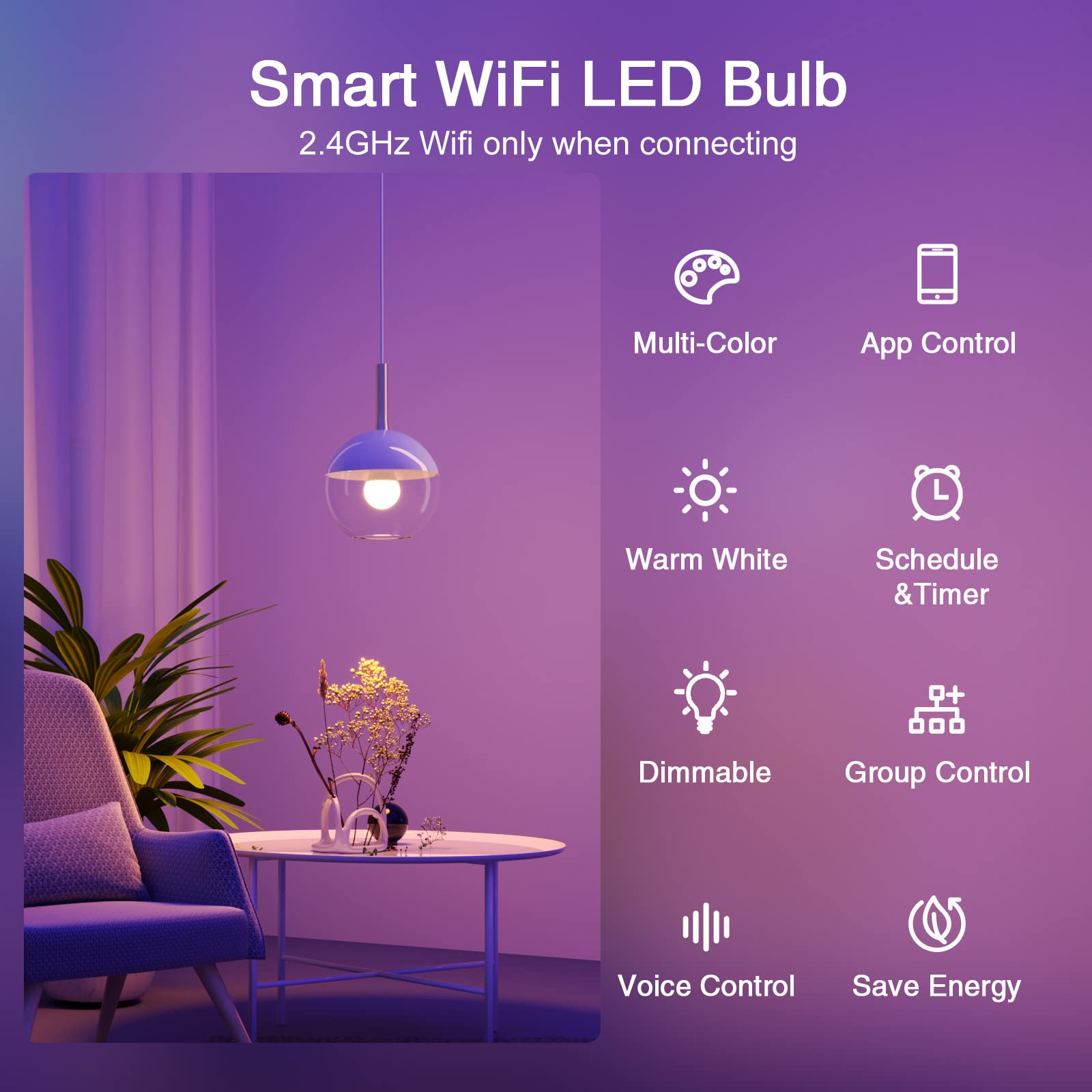 Ghome Smart Light Bulbs, A19 E26 Color Changing Led Bulb Works with Alexa, Google Home, App & Voice Control, 2.4Ghz WiFi Only, 800 Lumens,Dimmable RGB Warm White 2700K Smart Home Lighting, 4 Pack(WB4)