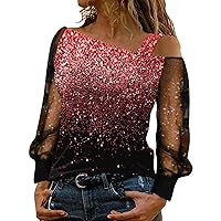 XJYIOEWT High Tops Women Fashion Print Cold Shoulder T Shirt Mesh Long Sleeve Spliced Blouse Tops Shirts for Women Long