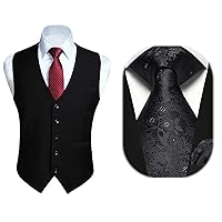 HISDERN Men's Black Suit Vest & Black Floral Ties Pocket Square Set Formal Business Wedding Vest