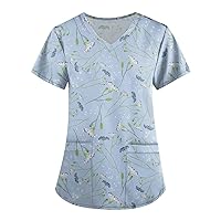 Women's Fashion V-Neck Short Sleeve Workwear with Pockets Printed Tops Women's Athletic Shirts