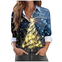 Womens Fall Fashion, Shirt Blouse Christmas Print Button Long Sleeve Casual Basic Shirt Collar Regular Top for Women Plus Fashion 2023 Plaid Shirt Tops Pullover Shirt Tops (M, Dark Blue)