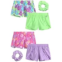 Girls' Shorts - 4 Pack Athletic Performance Dry Fit Dolphin Gym Shorts, Scrunchie (7-12)