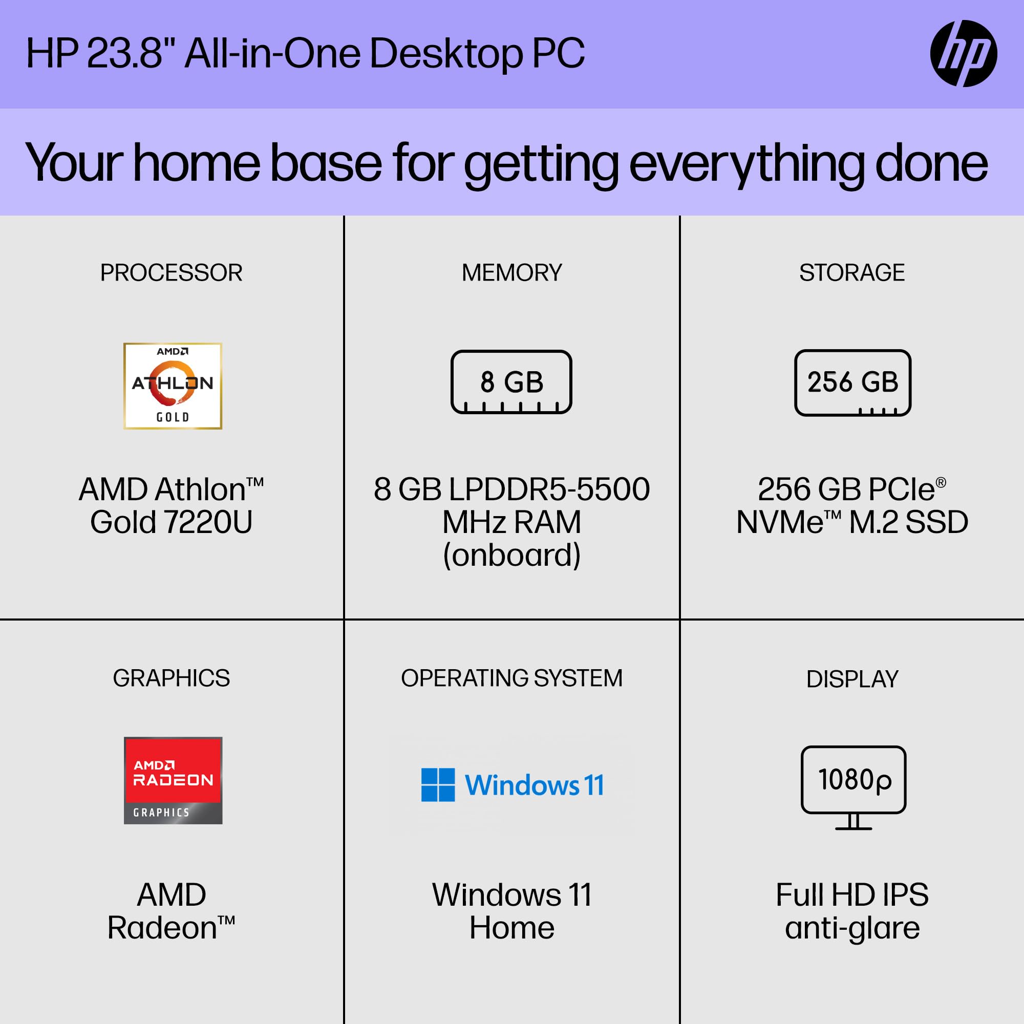 HP 23.8 inch All-in-One Desktop PC, FHD Display, AMD Athlon Gold 7220U, 8 GB RAM, 256 GB SSD, AMD Radeon Graphics, Windows 11 Home, 24-cr0020 (2023)