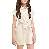 Mafulus Girls Cute Romper Button Down Belted Jumpsuit Wide Leg Short Summer Outfits with Pockets 3-14T
