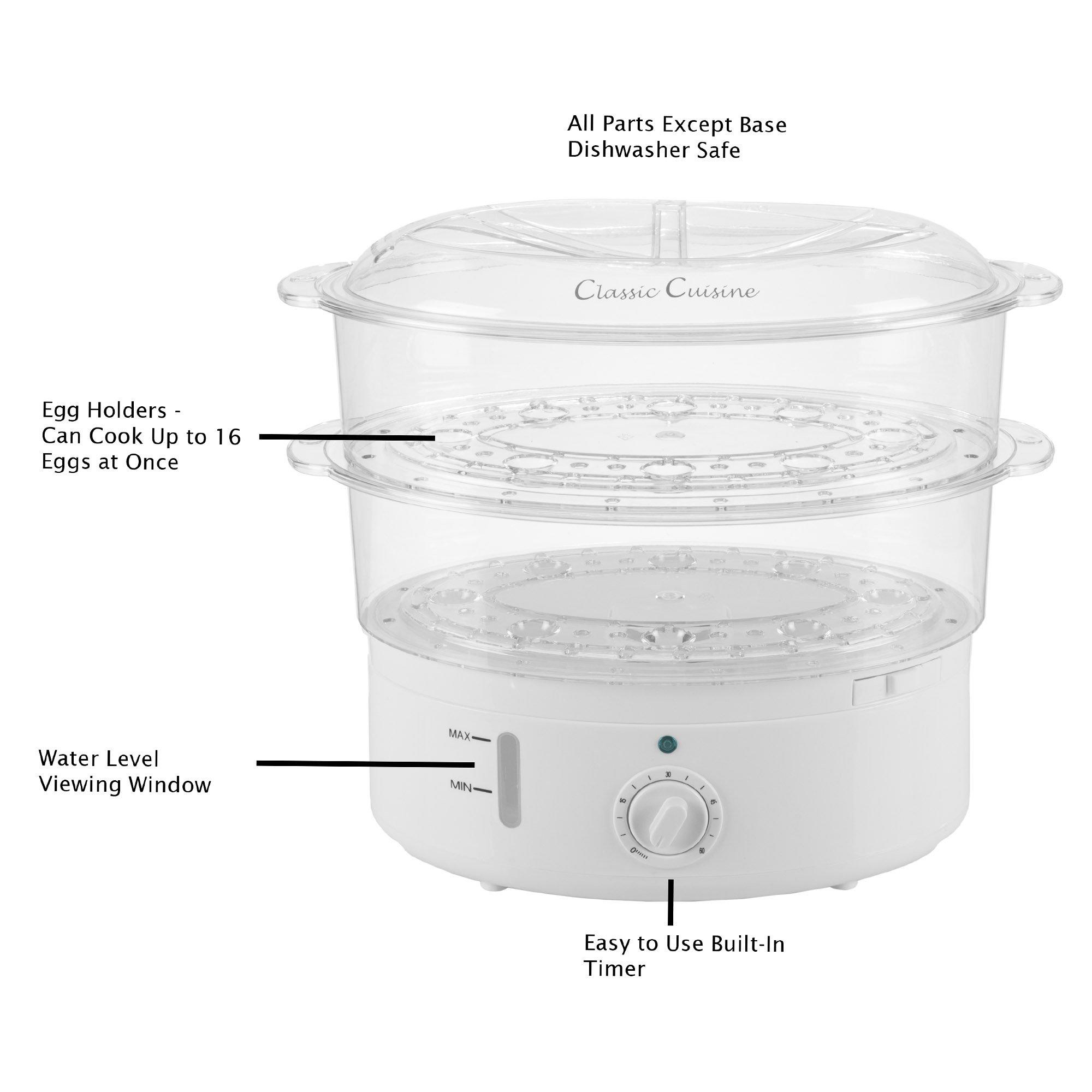 Classic Cuisine Food Steamer and Rice Cooker in one, Two-Tier Food Steamer for Healthy Meals anytime, cooks Vegetables, Fish, Dumplings, Eggs and more, 6.3 QT, Clear