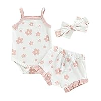 Newborn Baby Girls Clothes Sets Waffle Floral Print Sleeveless Bodysuits+Ruffles Drawstring Summer Shorts+Headband