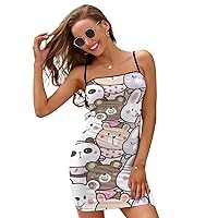 Cartoon Rabbit and Panda Bear Sundresses for Women Casual Summer Dresses Sexy Slip Dress Backless Mini Dress