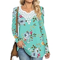 CATHY Womens Long Sleeves Crochet Lace Trim Casual Tunic Tops Fit Flare Blouses Pleated Shirts For Leggings