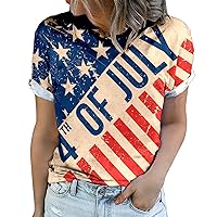 Women American Flag T Shirt 4th of July Tops USA Flag Stars Stripes Tee Roll-up Short Sleeve Blouse Crewneck Tunics