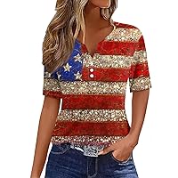 American Flag Shirt Women,4Th of July Tops for Women Button V Neck Short Sleeve USA Flag Printed Shirts 2024 Independence Day Casual Top USA Shirts for Women