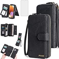 Asuwish Phone Case for Samsung Galaxy A32 4G 6.4 inch Zipper Wallet Detachable Cover with Screen Protector and Leather Flip Mirror Card Holder Slot Cell A 32 32A S32 G4 SM-A325M/DS Women Men Black
