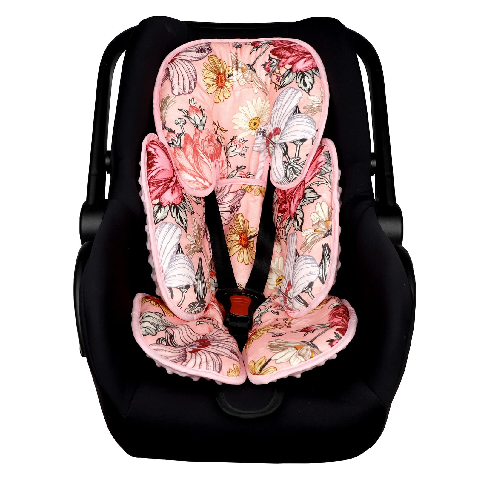 Pink Infant Car Seat Head Body Support Pillow,Baby Car Seat Strap Covers Shoulder Pads for Baby Kid, Super Soft Infant Carseat Belt Covers for All Car Seat Stroller