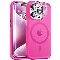 BossKiss Ultra Strong Magnetic for iPhone 15 Pro Case, [Compatible with Magsafe] [Glass Screen + Camera Protector] Slim Translucent Matte Shockproof Case for iPhone 15 Pro Case 6.1 inch, Hot Pink
