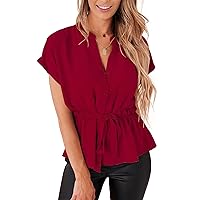 Halife Women's Peplum Tops Dressy Casual Elastic Tie Waist Button Down Blouses