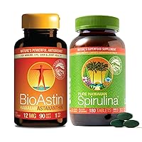 BioAstin Hawaiian Astaxanthin 12mg 90 Count + Pure Hawaiian Spirulina 1000 mg Tablets 180 Count | Bundle