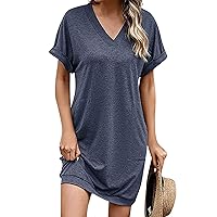 Women's Spring Dresses 2024 Casual Solid Color V-Neck Pocket Short Sleeve Fashion Loose Dresses, S-XL