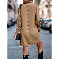 Dresses for Women - Solid Button Back Puff Sleeve Tunic Dress (Color : Khaki, Size : Large)