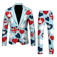 Male Independence Day Long Sleeve Coat and Pants Two Piece Suit Printed Button and Pockets Suit for Holiday Party