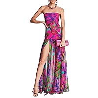 Elegant Women Casual Tube Long Dress Strapless Off Shoulder Mesh Patchwork Leopard Print High Slit Night Party Dress