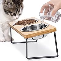 Elevated Cat Bowls for Food and Water - Loplurea 15° Tilted Raised Stainless Steel Cat Food Bowl with Bamboo Stand and Anti Vomit Feeding Station for Indoor Cats and Pet