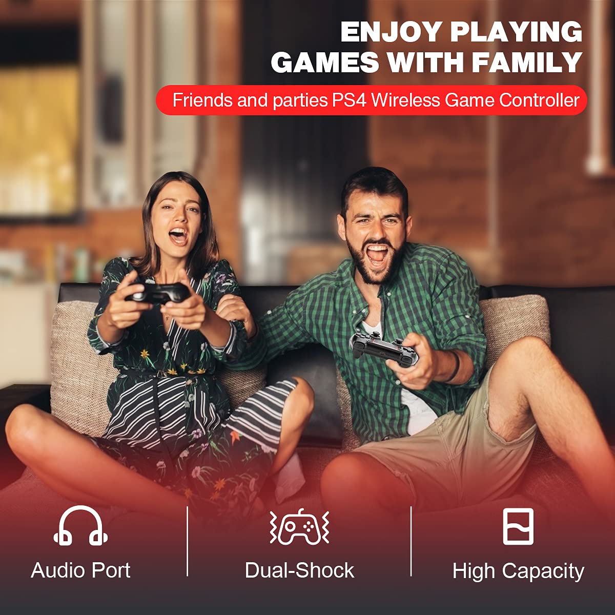 VidPPluing Wireless Controller for PS4/Pro/Slim Consoles, Game Remote Controller with 6-Axis Motion Sensor/Audio Function/Charging Cable-Red