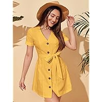 Necklaces for Women Cuffed Sleeve Single Breasted Placket Belted Dress (Color : Yellow, Size : XS)