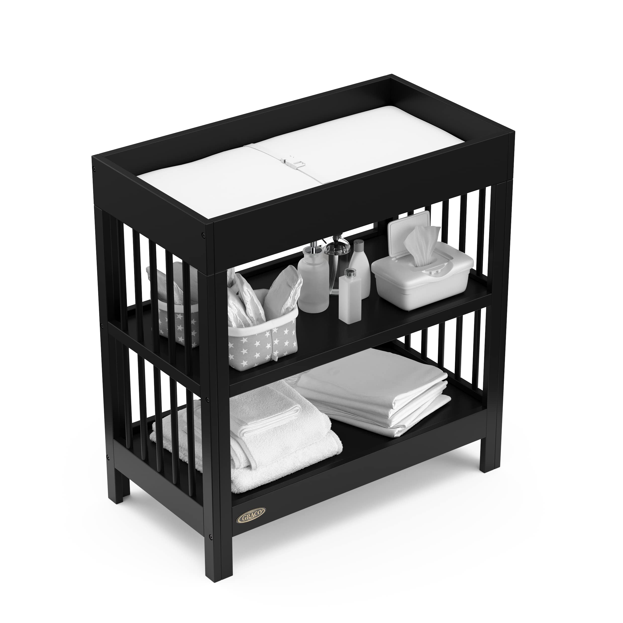 Graco Teddi Changing Table with Water-Resistant Changing Pad (Black) - 2 Open Shelves, Includes Bonus Water-Resistant Changing Pad with Safety Strap