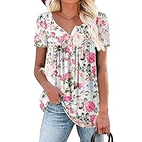 Mystry Zone Womens Henley V Neck Casual Blouse Button Down T Shirts Flare and Flowy Tops