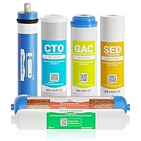 Max Water Replacement Filter Set for Standard 6 Stage Reverse Osmosis Water Filter System Filters - 10 inch Standard Size Water Filters Sediment, GAC, CTO, Mixed Bed DI, RO Membrane 100 GPD