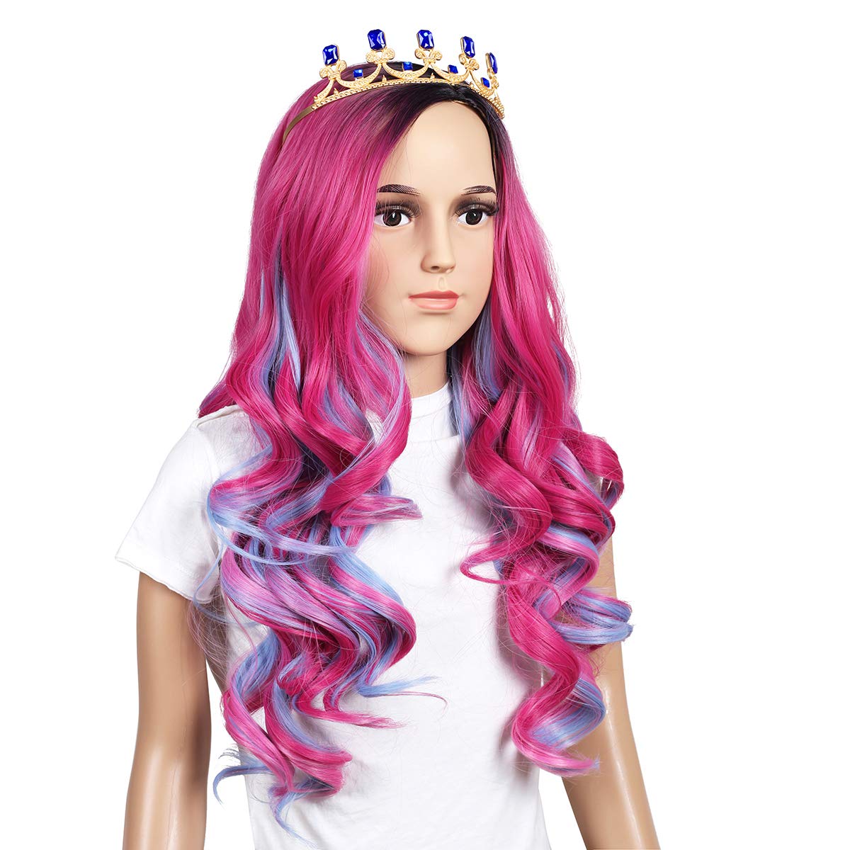 ColorGround Kids Long Wavy Pink and Light Blue Mixed Cosplay Wig with Crown