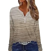 Women's Tops Fall 2023 T Shirt Tee Button Print Long Sleeve Daily Weekend Fashion Basic V-Top Sweatshirts, S-3XL